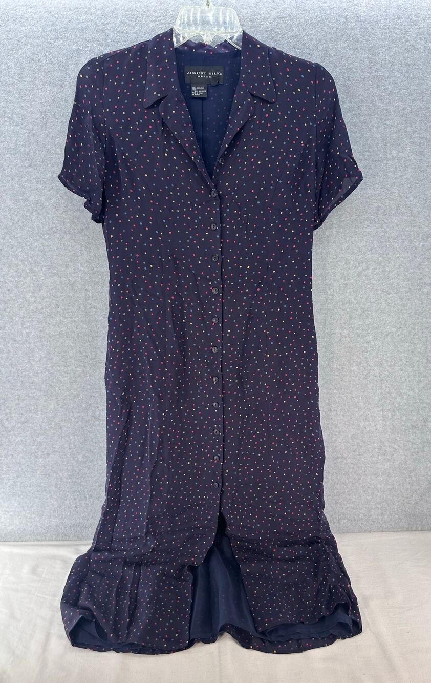 VTG August Silk Women's 10 100% Silk Navy Polka Dot Midi Dress Buttons Ms. Honey